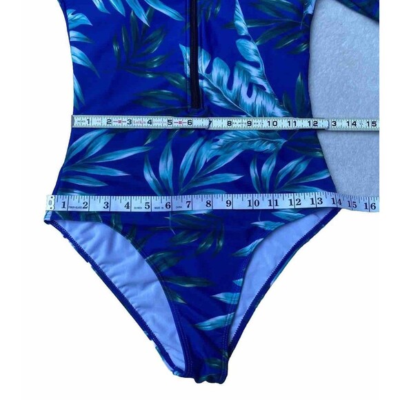 Shein Swim Tropical Print Zipper Front High Neck One Piece Blue swimsuit Size S - Picture 11 of 12